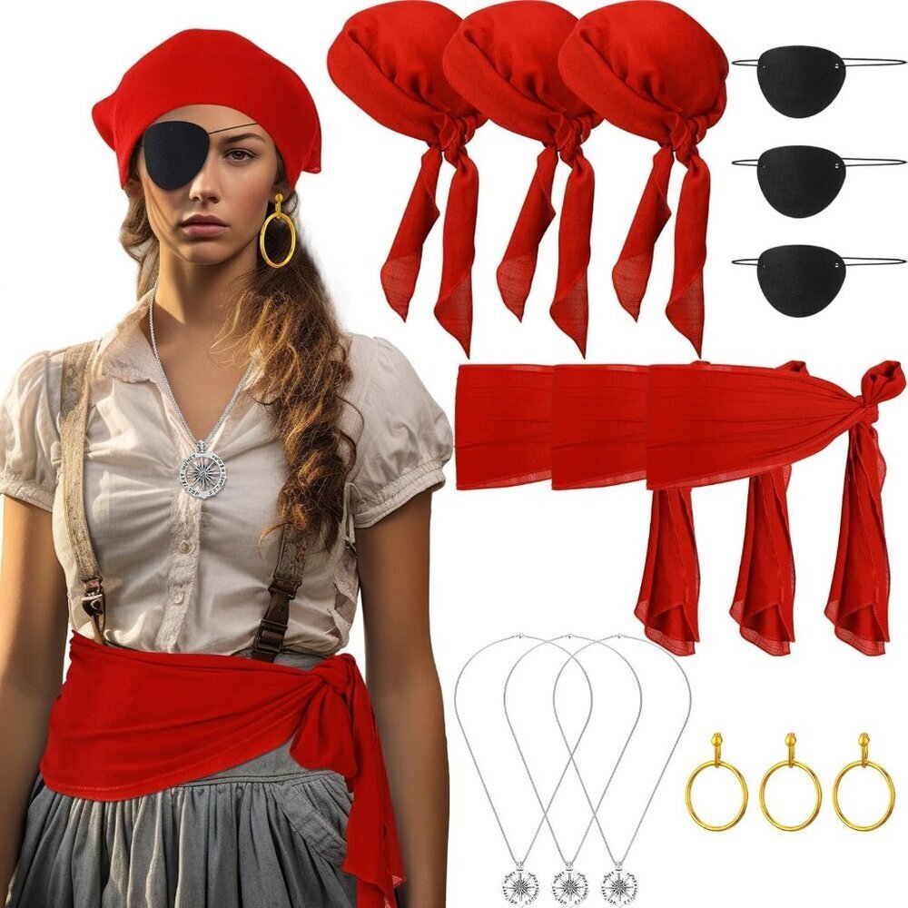 Pirate Costume Accessories Set 15 pcs Includes Scarves Sashes Masks Jewelry